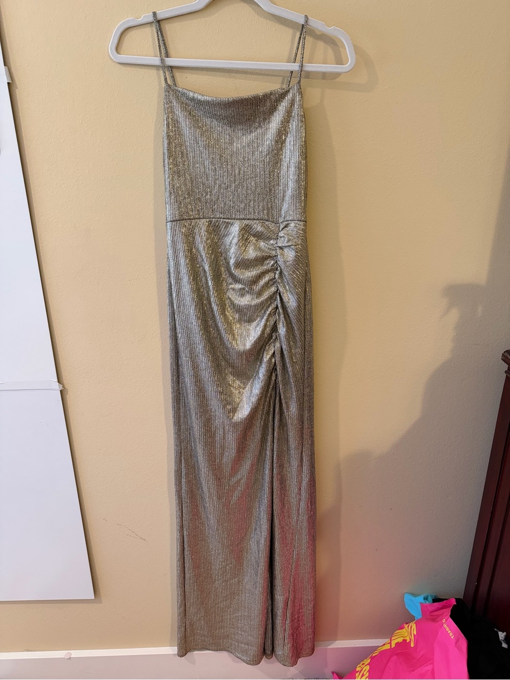 Speechless Metallic Gold Ruched Maxi Dress with Spaghetti Straps